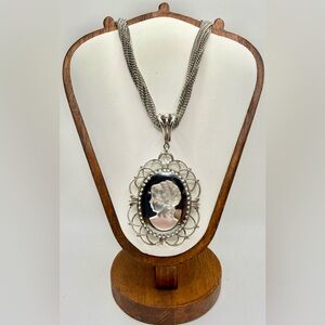 Victorian Cameo Statement Necklace Long Silver Tone Romantic Vintage Style
